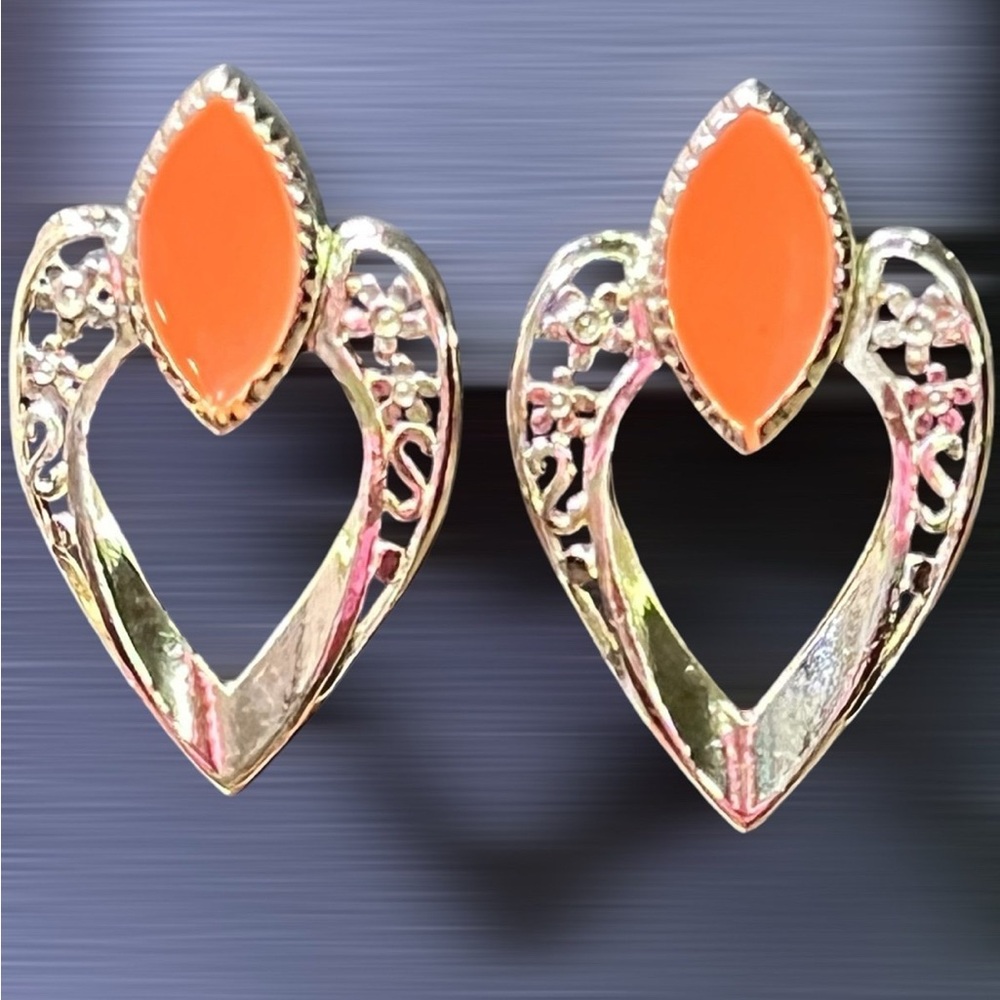 Vintage Signed VAL Orange Enamel Gold Plated Drop Pierced Earrings